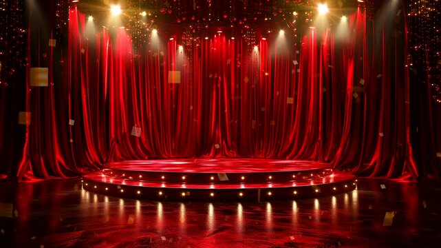 Circus stage with red theater tent under spotlights with floating confetti