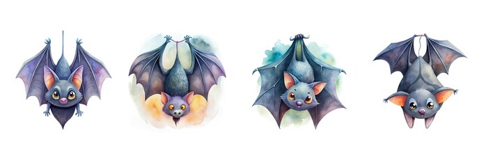 Naklejka premium Watercolor illustration of a vampire bat hanging upside down, white background