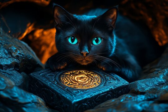A black cat guarding a cursed artifact in a hidden chamber, with shadows swirling around it, suggesting the object&acirc;&euro;&trade;s dark power
