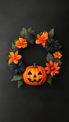 Festive Halloween wreath with jack-o'-lantern and vibrant flowers on black background. Perfect holiday decoration for a spooky atmosphere.