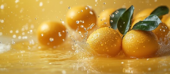Close-up of a fresh orange with green leaves splashing in water, creating dynamic water drops against a vibrant yellow background. Freshness, citrus fruits, healthy living