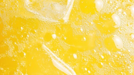 Refreshing yellow soda or juice with ice cubes and bubbles in a close-up view, perfect for summer beverage background designs and drink-related concepts.