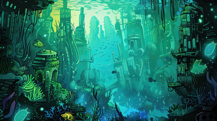 Fototapeta premium A serene underwater city in comic style, featuring coral-covered structures, bioluminescent plants, and vibrant fish, bathed in cool blues and greens.