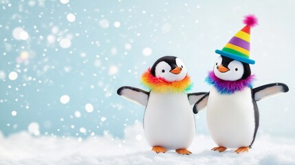 Fototapeta premium Penguins in a Rainbow Wonderland: Two adorable penguins celebrate amidst a flurry of snowflakes, their rainbow attire adding a splash of joy to the winter scene. 