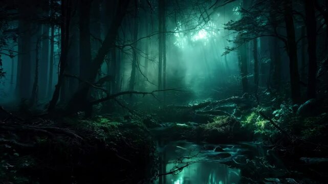 Calm swampy river among old creepy trees in dark forest at night with full moon. Scary Halloween concept. Dark and mysterious background