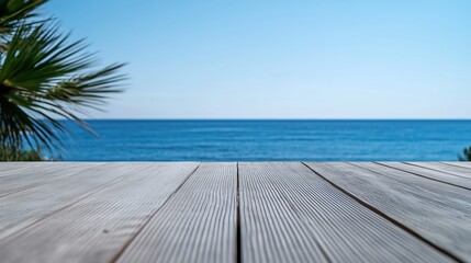 Fototapeta premium Wooden Floor with Tropical Beach and Palm Trees Background
