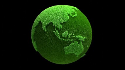 asia continent planet rotation of green grass continents 3d representation. Can be used to represent ecology, renewable energy and sustainability, global oxygenation plants or mother earth zero waste