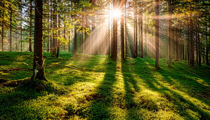 Obraz premium Silent Forest in spring with beautiful bright sun rays