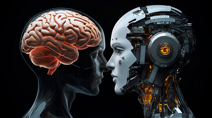 cerebro humano y cabeza de un robot funcionando y compartiendo ideas tecnologia del futuro inteligencia artificial