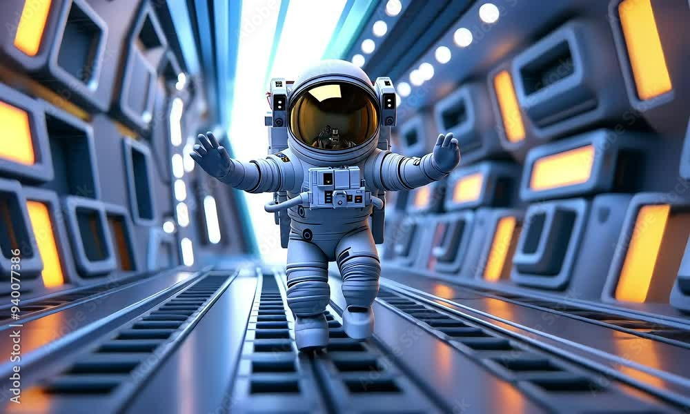 Wall mural astronaut floating in futuristic space station corridor with ai generated.