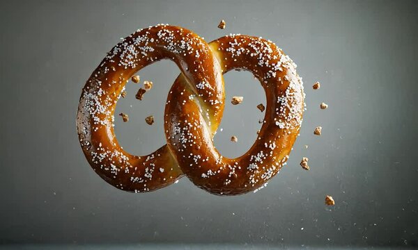 Salted Pretzel with Crumbs Suspended in Air with ai generated.

