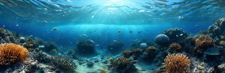 Fototapeta premium 360 degree underwater scene, marine life. HDRI spherical panorama.