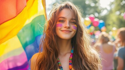A joyful woman stands by a rainbow flag, radiating pride in a vibrant, diverse park celebration.