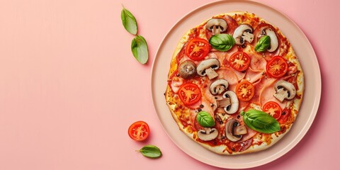 Elegant pizza without gluten, adorned with mushrooms and tomatoes, presented on a stylish plate with a pink backdrop.