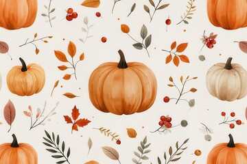 A watercolor painting of pumpkins and leaves with a fall theme
