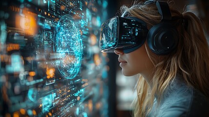 AI cyber security concept. Female IT Computer specialist analyzing artificial intelligence digital threats to consumer data & privacy breach. Software developer coding & ethical hacking in dark office