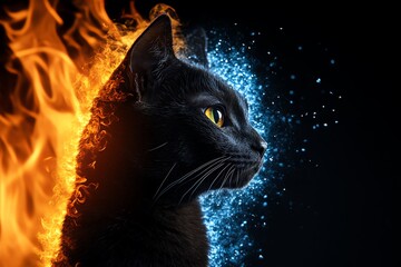 A black cat standing between a wall of flames and a field of ice, representing the balance between opposing forces