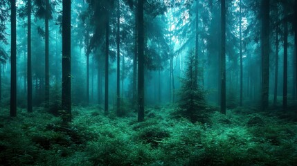 Fototapeta premium Enchanting forest scene with mist, tall trees, and vibrant greenery, creating a serene and mystical atmosphere.