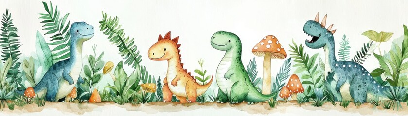A whimsical watercolor illustration featuring colorful dinosaurs amidst lush greenery, perfect for children's themes. © Newstep