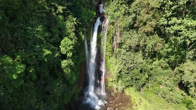 Aerial view of Git Git waterfall captured by drone in Bali, Indonesia