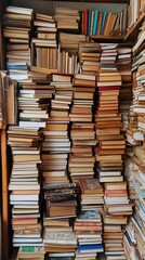 Fototapeta premium A rich collection of stacked books showcasing knowledge and adventure in a cozy environment.