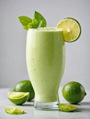 A glass of lime smoothie on a plain white background.