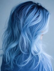 Naklejka premium A close-up view of beautiful, wavy blue hair with a soft, dreamy tone, perfect for fashion, beauty, and hair styling themes.