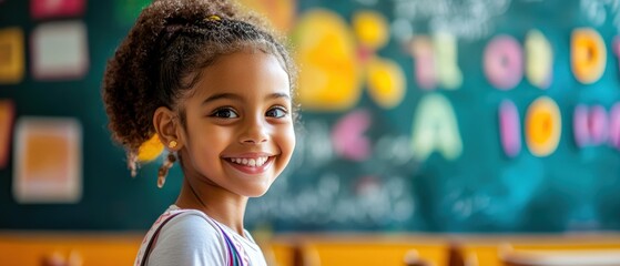 A cheerful girl smiling in a vibrant classroom filled with colorful educational elements.