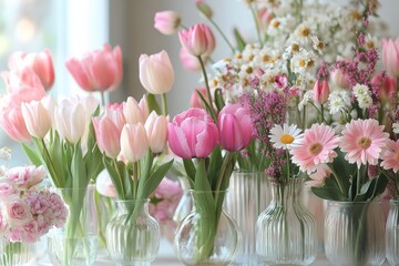 Fototapeta premium A row of vases filled with pink flowers sit on a table