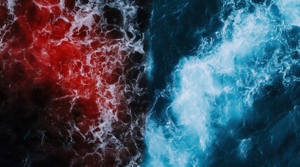 Abstract aerial view of red and blue ocean waters meeting, symbolizing the contrast between red ocean (competitive) and blue ocean (innovative) market strategies in business.