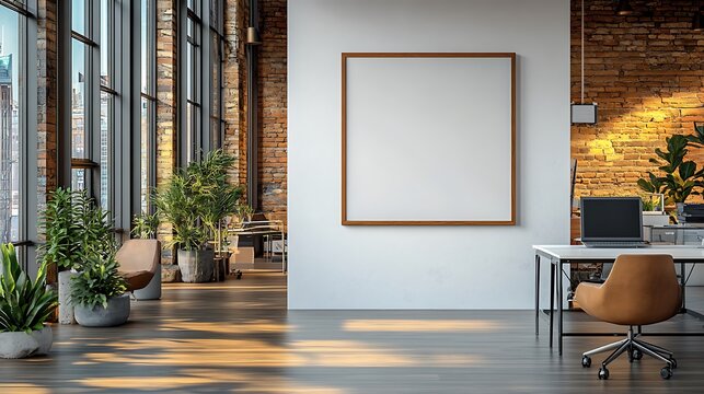  Colored office room interior with coworking space and window. Mockup frame 
