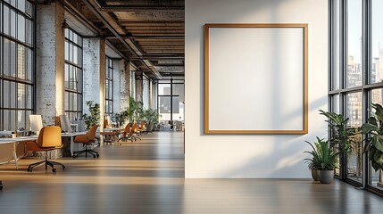  Colored office room interior with coworking space and window. Mockup frame 