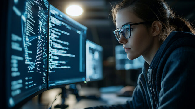 A woman is looking at a computer screen with a lot of code on it
