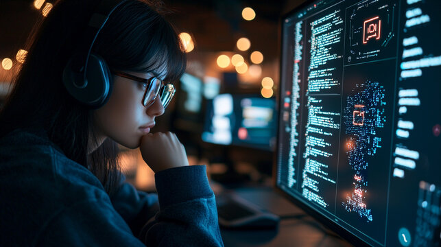 A woman is sitting in front of a computer monitor with a frown on her face