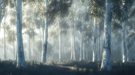 Ethereal Eucalyptus Forest in Misty Morning Light - Detailed 3D Render Background