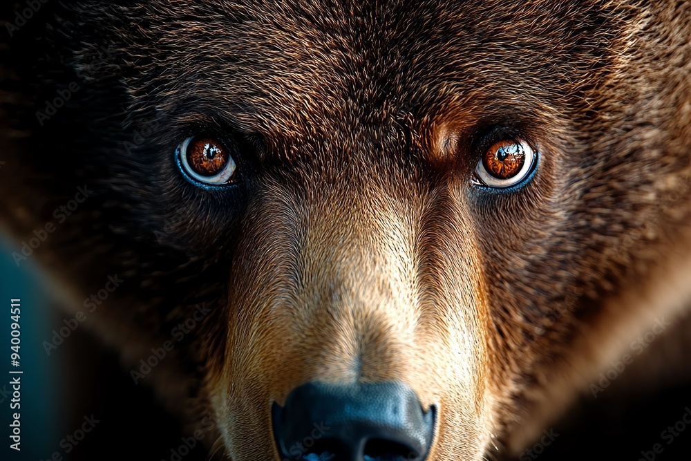 Poster a close-up of a bear's eyes, showing the intelligence and depth of emotion in its gaze, set against 