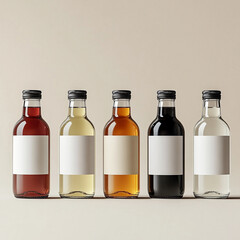 A row of five bottles of different colored liquids, all with white labels