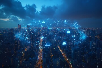  Global data storage hologram and backup, files synchronization and city view 