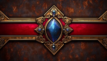 Fototapeta premium Ornate Gold Frame with Blue Gemstone on Red and Rusty Background