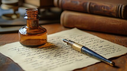 Vintage Inkwell, Pen, and Handwritten Letter on Wooden Desk