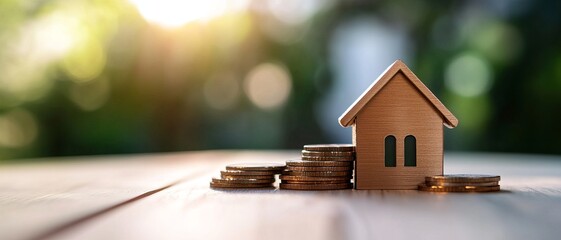 A wooden house model surrounded by coins symbolizes investment and savings in real estate, highlighting financial growth.