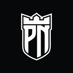 PN Logo shield shape with geometric crown inside white outline on black background template design