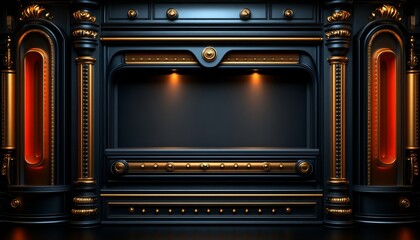 Obraz premium Black and Gold Ornate Interior Design with a Display Shelf