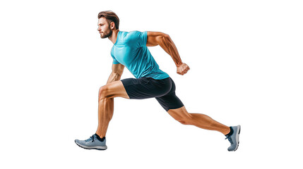 Man exercising, doing lunges, isolated on white