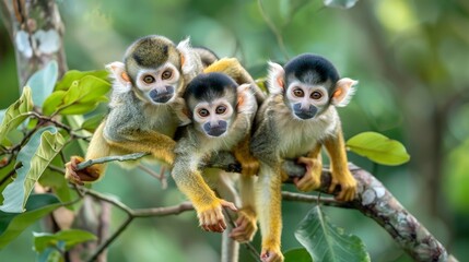 Obraz premium Monkeys swing from trees, displaying agility and curiosity in their natural habitats.