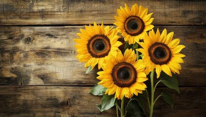 Three sunflowers against a rustic wooden background