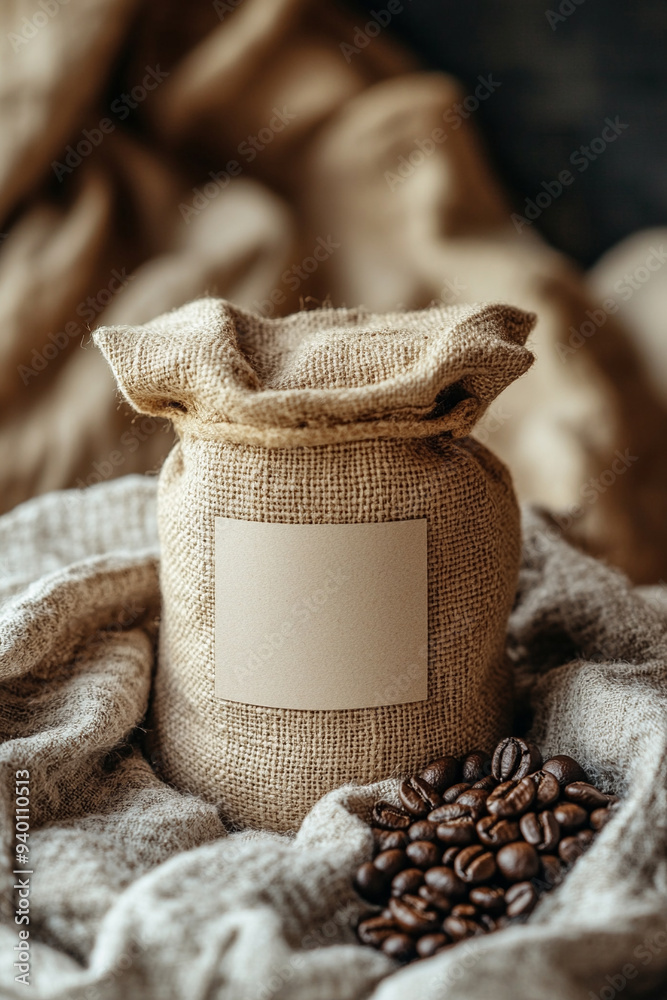 Wall mural A bag of coffee beans sits on a blanket with a label on it