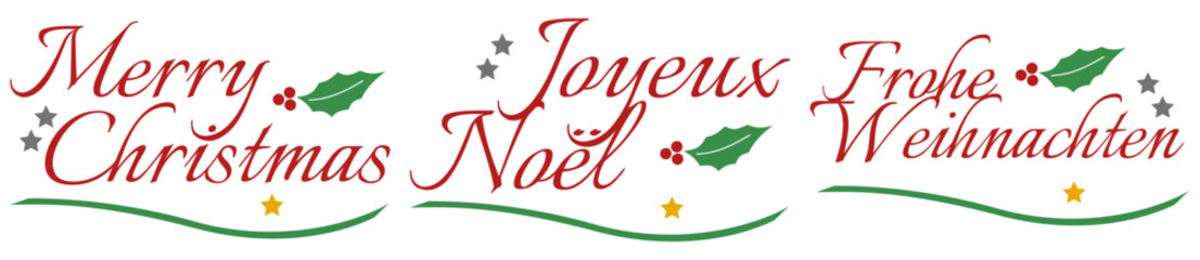 Merry Christmas with lettering in English, French and German