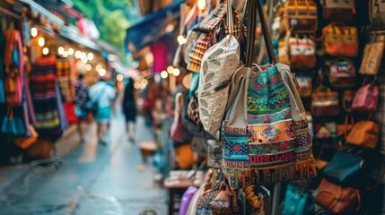 Fototapeta premium Photograph a travel bag on a bustling street market, filled with souvenirs and local treasures, ready for a shopping spree.