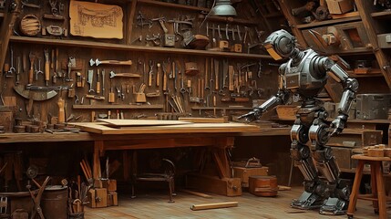 A Metallic Robot in a Woodworking Workshop